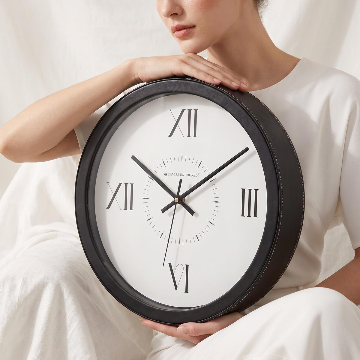 Spaces Unhooked Round Wall Clock, Roman Numerals at 12 3 6 9, Black