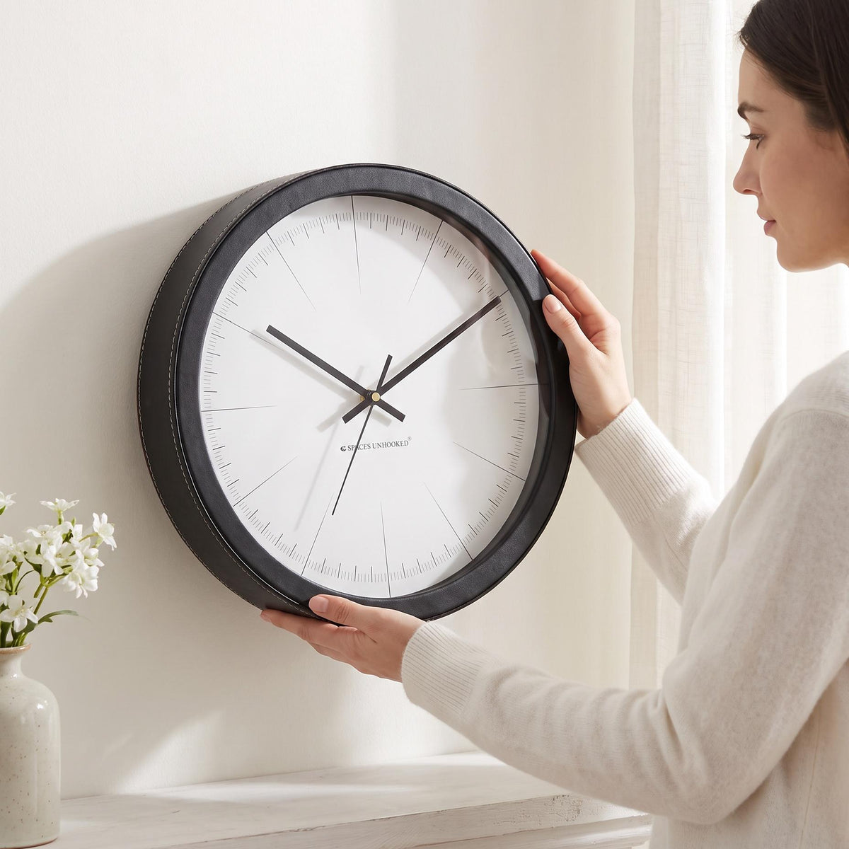 Spaces Unhooked Minimalist Round Wall Clock, No Numerals, Black Frame