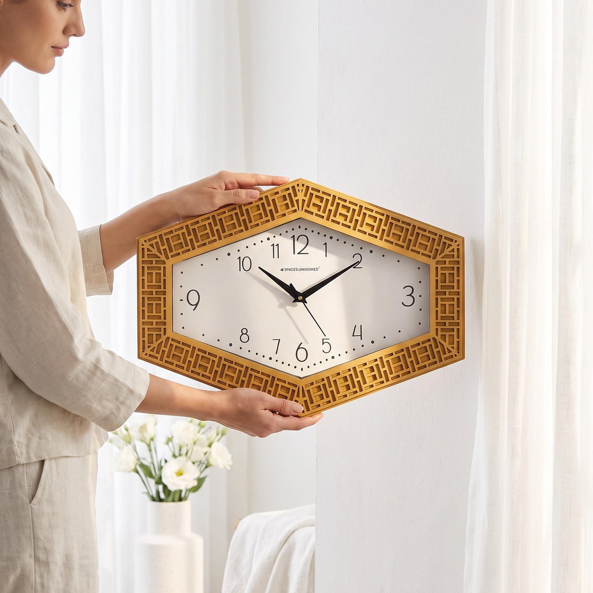 Spaces Unhooked Hexagonal Wall Clock, Mustard Gold Lattice Frame