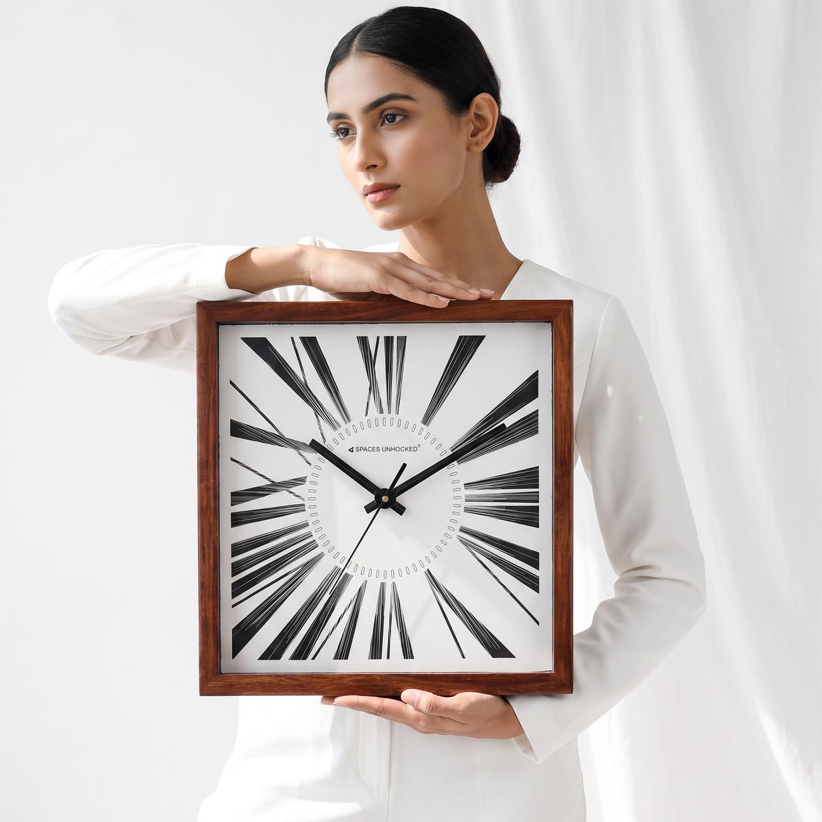 Spaces Unhooked Square Wooden Wall Clock, Tapered Roman Numerals