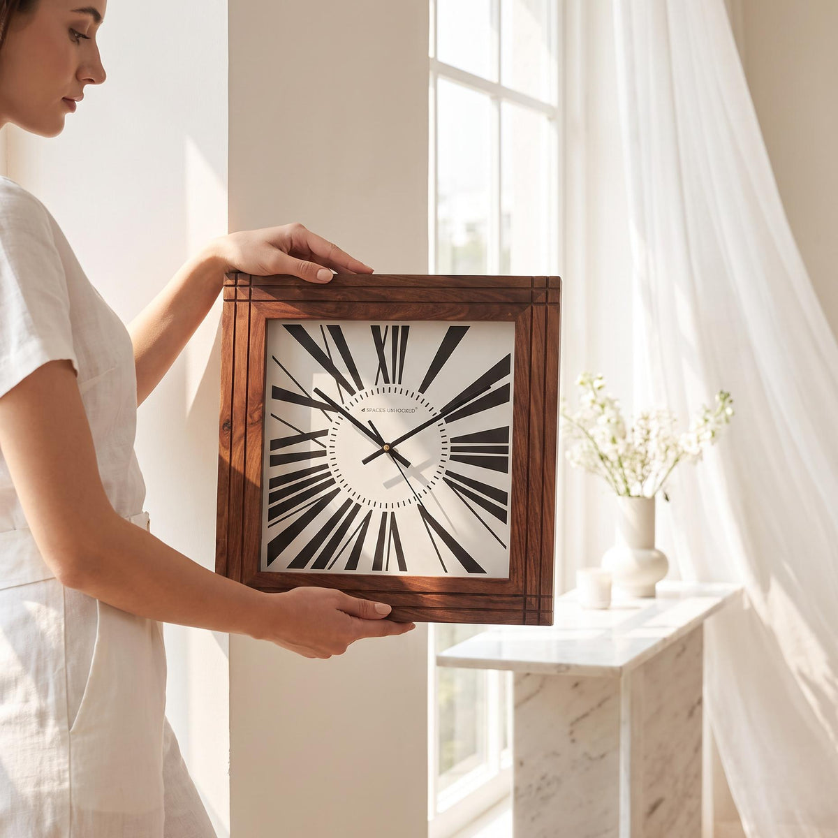 Spaces Unhooked Square Wooden Wall Clock, Grooved Roman Numerals