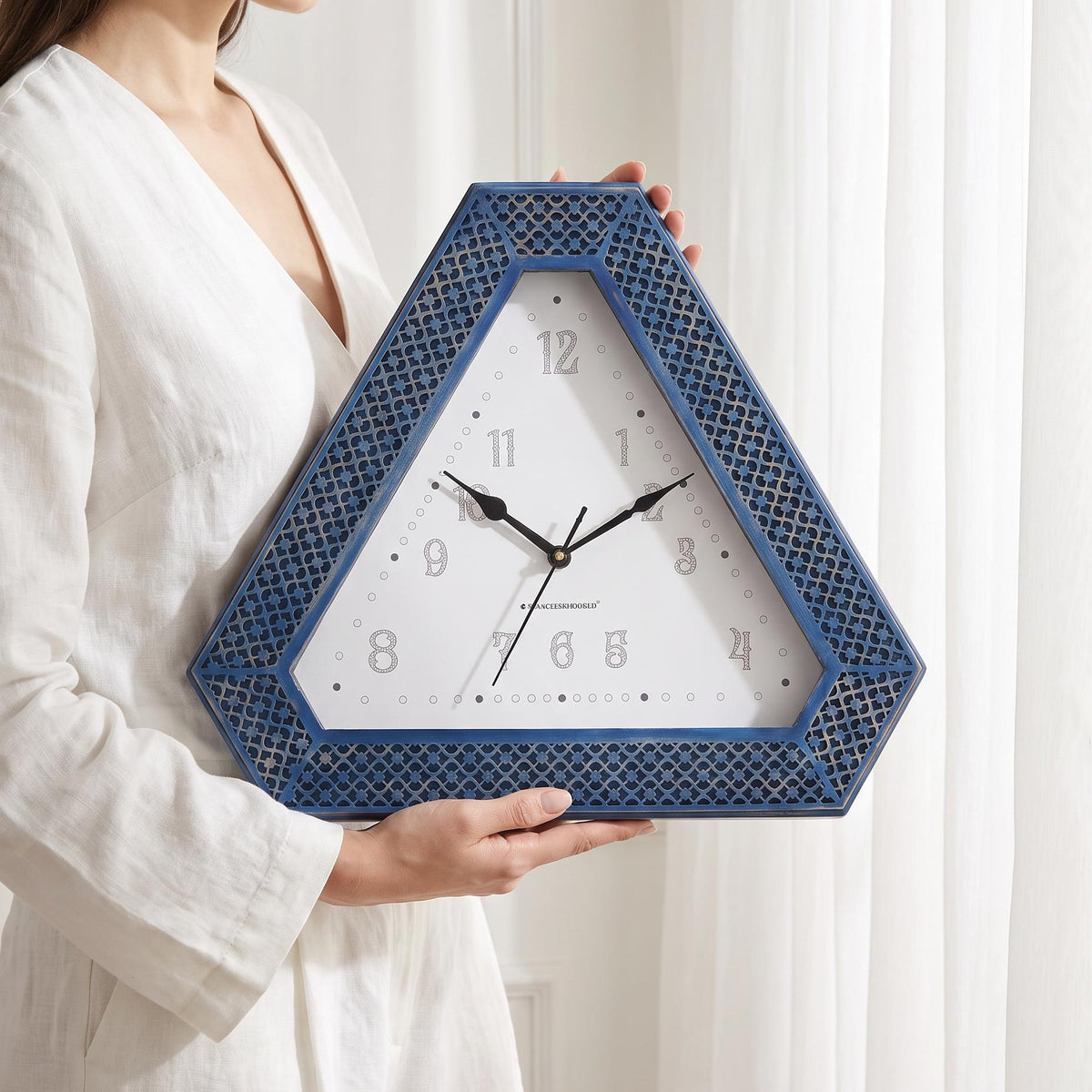 Spaces Unhooked Triangular Wall Clock, Blue Lattice Frame, White Dial