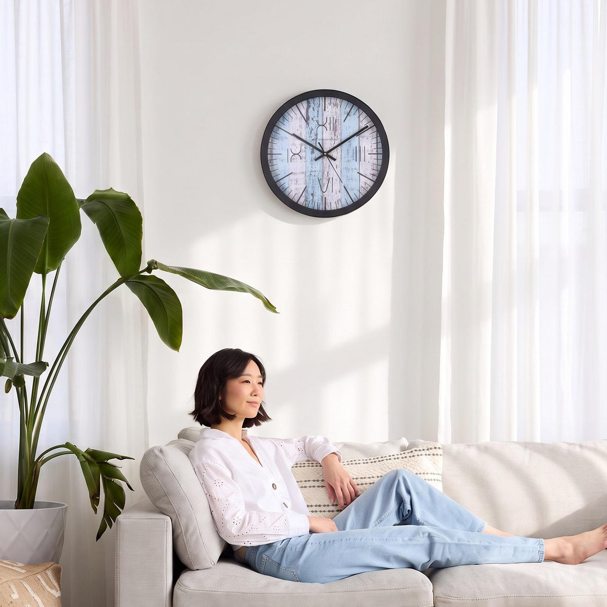 Spaces Unhooked Blue Distressed Plank Round Wall Clock
