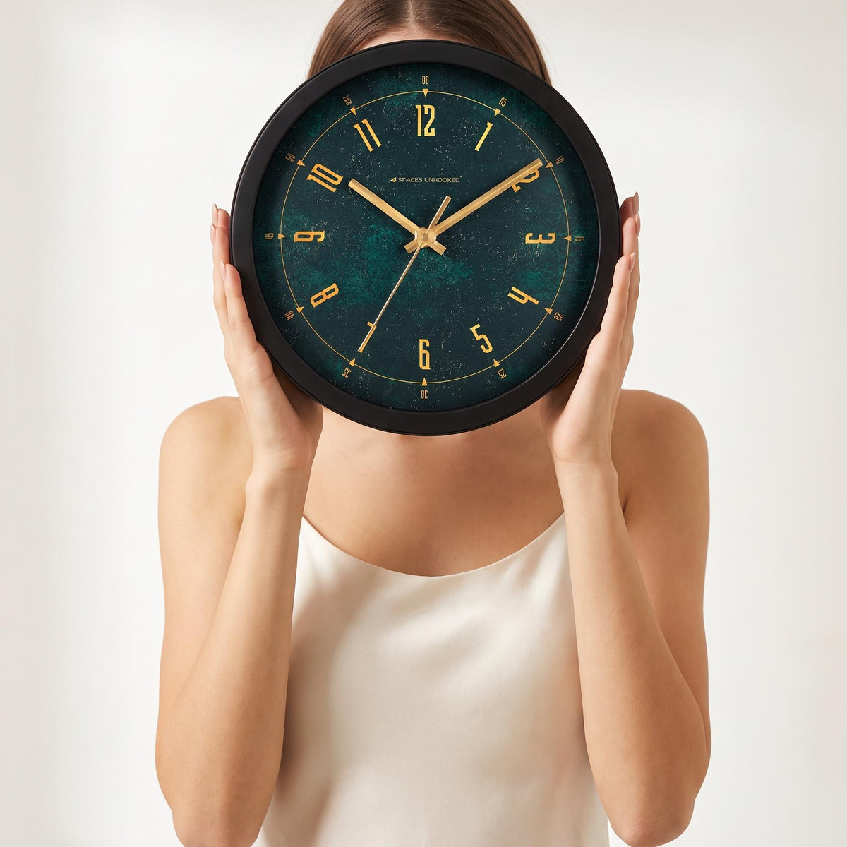 Spaces Unhooked Green Patina Round Wall Clock, Gold Numerals
