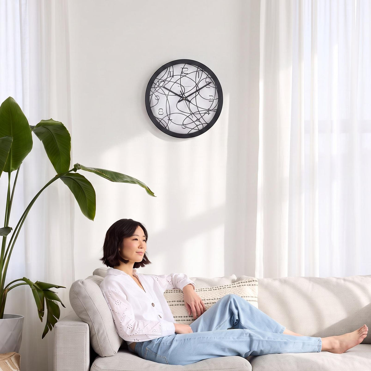 Spaces Unhooked Abstract Line Art Round Wall Clock, White Dial