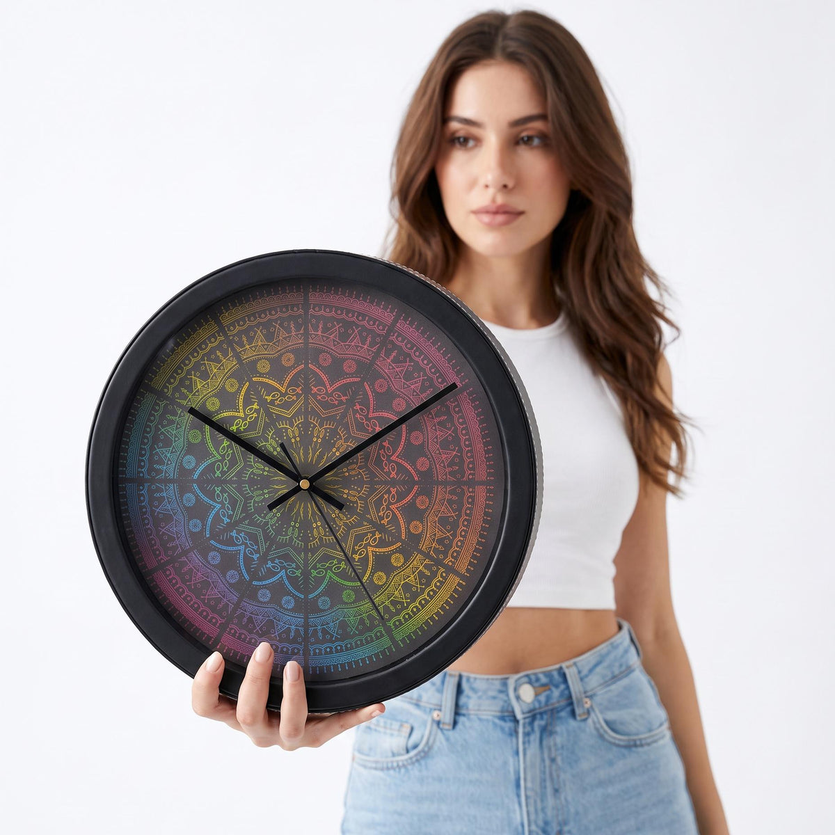 Spaces Unhooked Rainbow Mandala Round Wall Clock, Dark Dial
