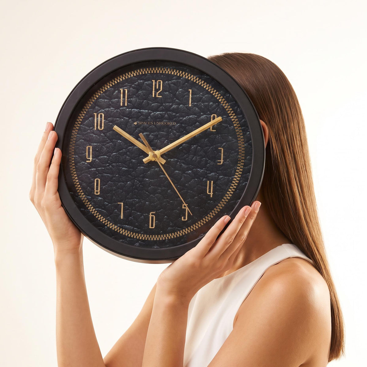 Spaces Unhooked Black and Gold Round Wall Clock, Luxe Texture