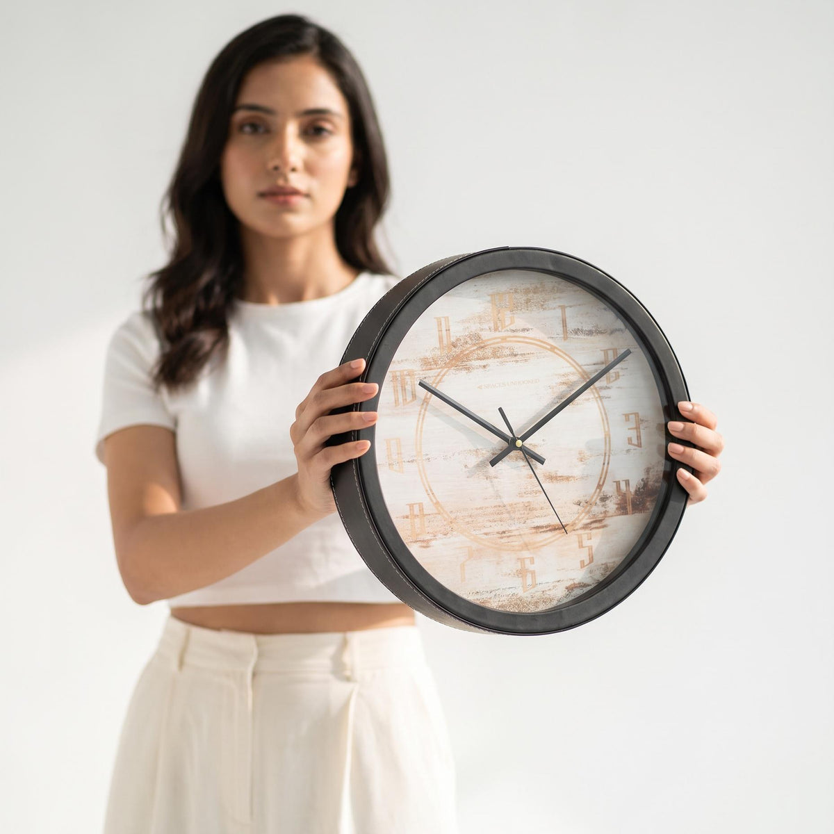 Spaces Unhooked Whitewashed Wood Look Round Wall Clock, Copper