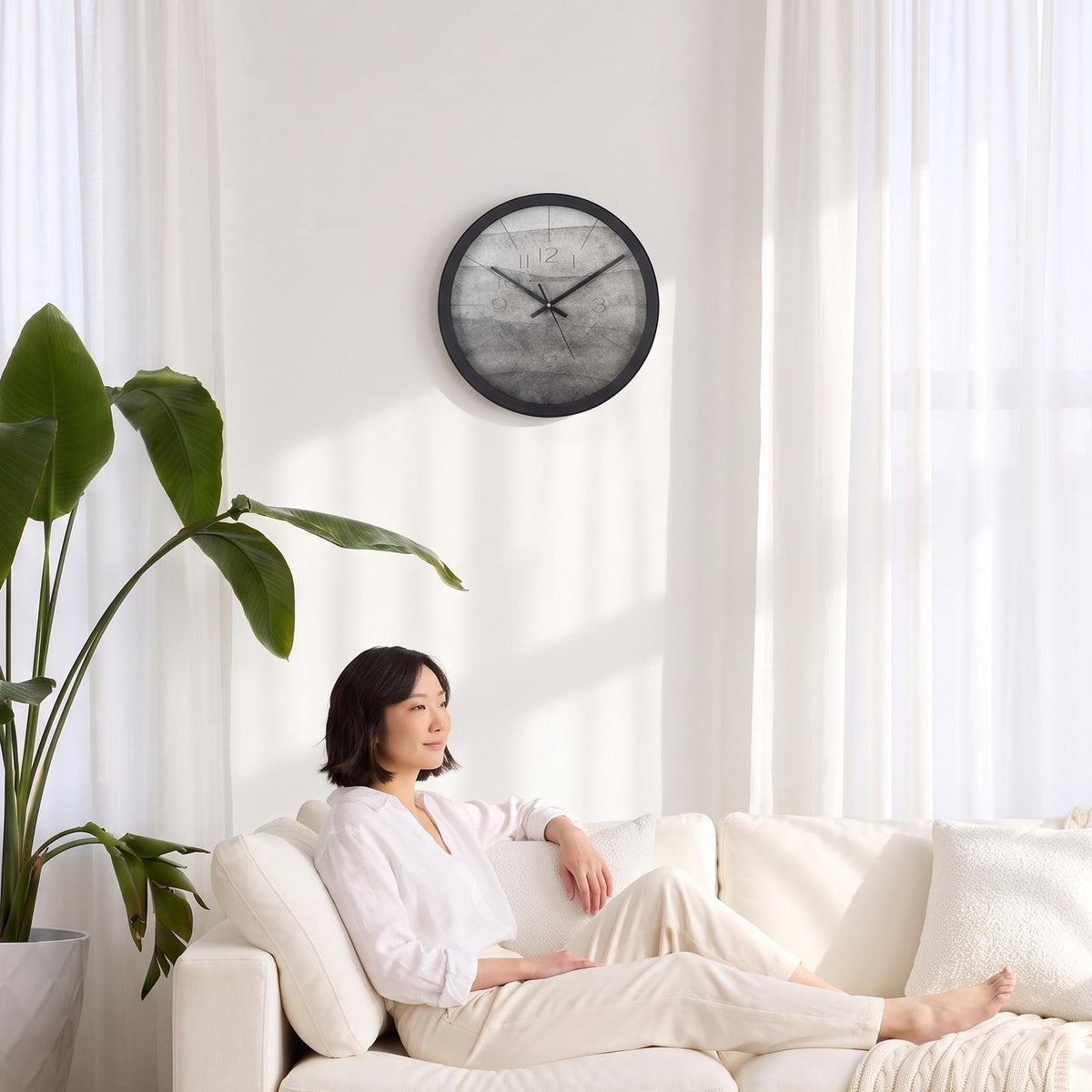Spaces Unhooked Grey Watercolour Round Wall Clock, Calm Tones