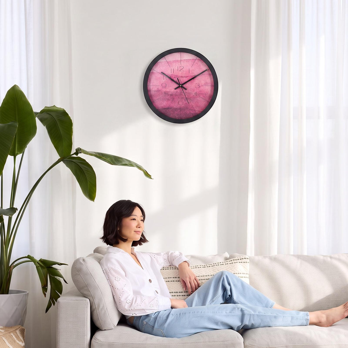 Spaces Unhooked Pink Watercolour Round Wall Clock, Berry Tones