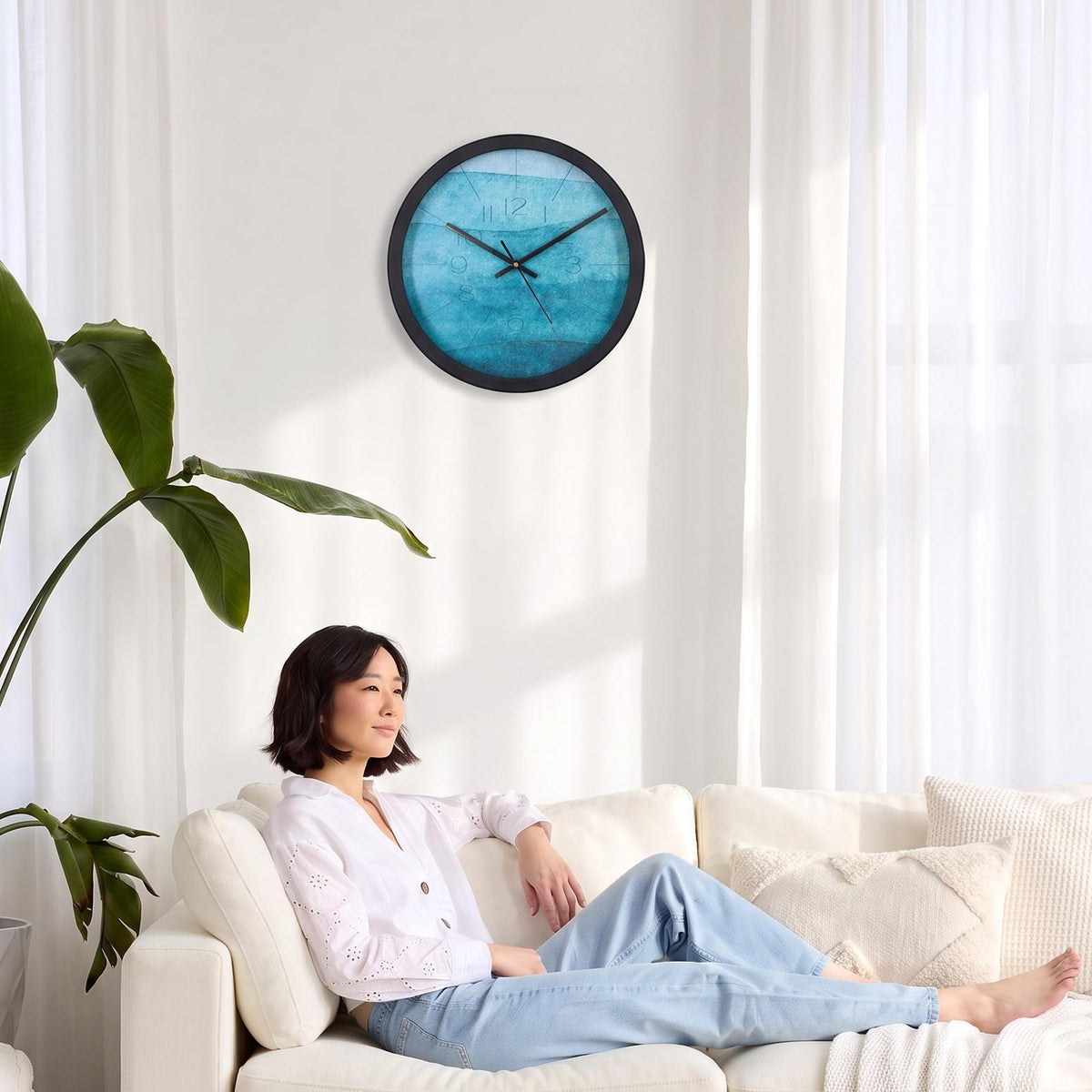 Spaces Unhooked Teal Watercolour Round Wall Clock, Ocean Blue