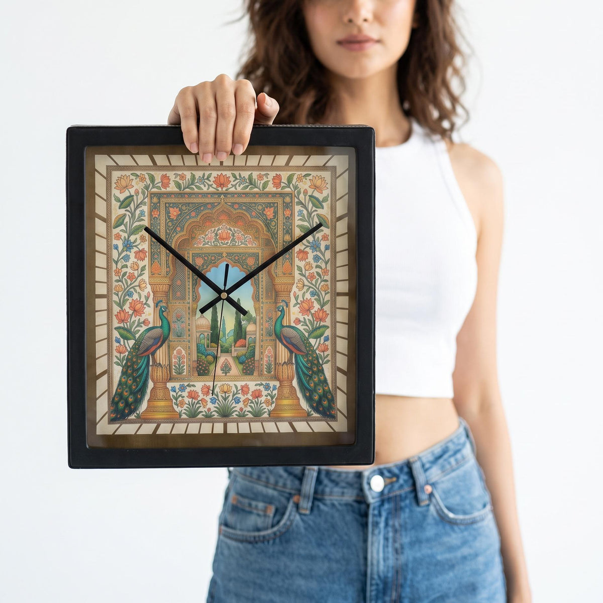 Peacock garden art wall clock above a sideboard in a dining room