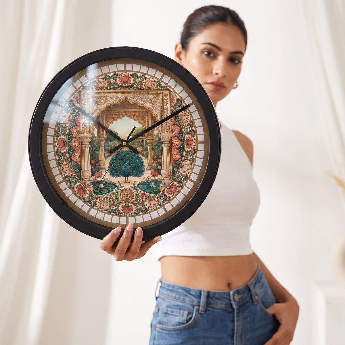 Spaces Unhooked Peacock Indian Art Round Wall Clock, Floral