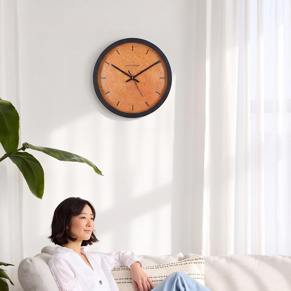 Spaces Unhooked Rattan Weave Look Round Wall Clock, Bar Markers