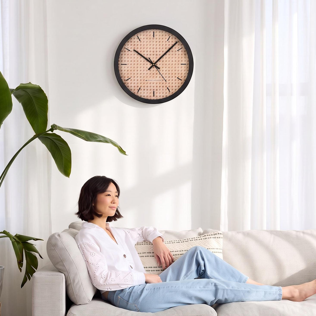 Spaces Unhooked Rattan Cane Look Round Wall Clock, Boho