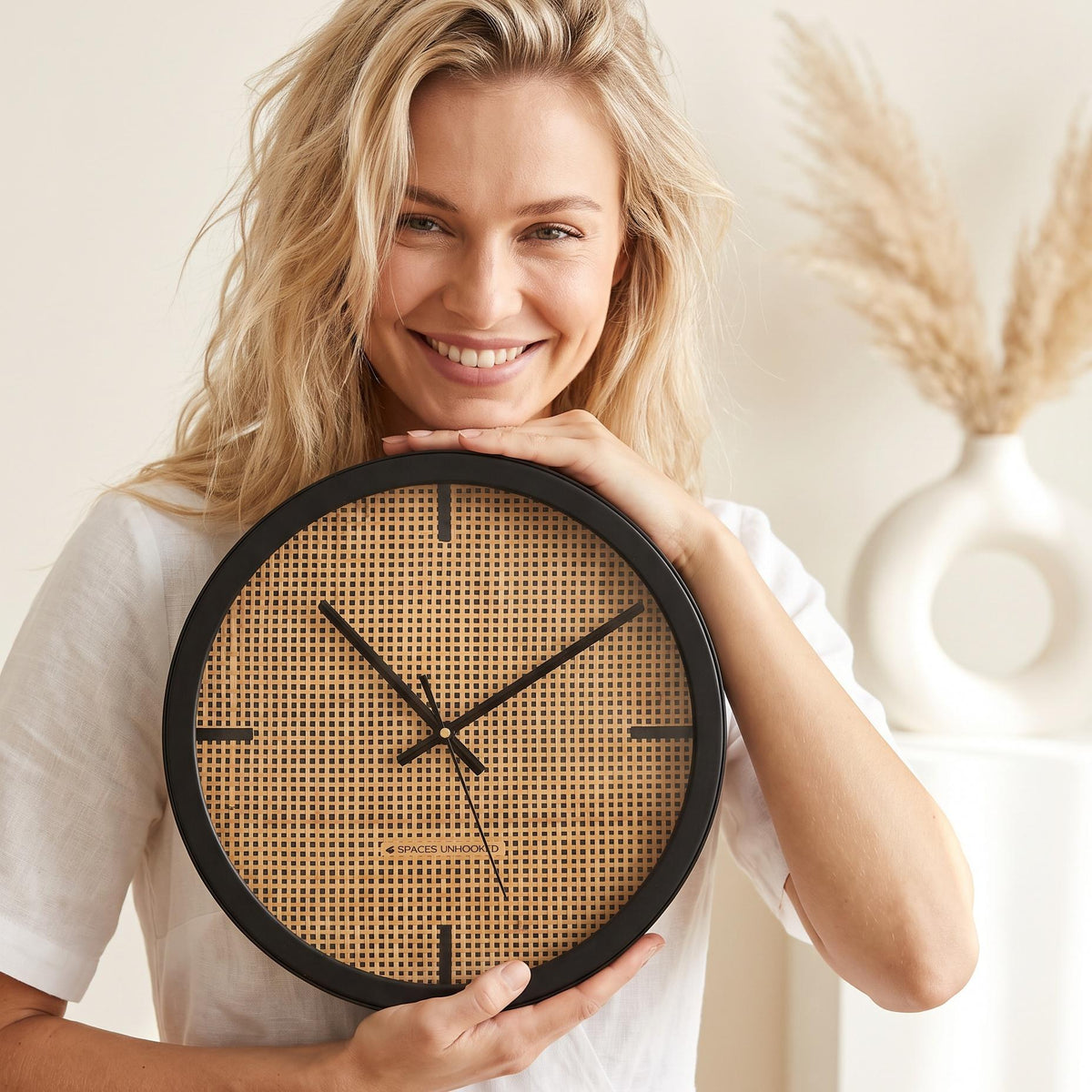 Spaces Unhooked Woven Cane Look Round Wall Clock, Honey Tone