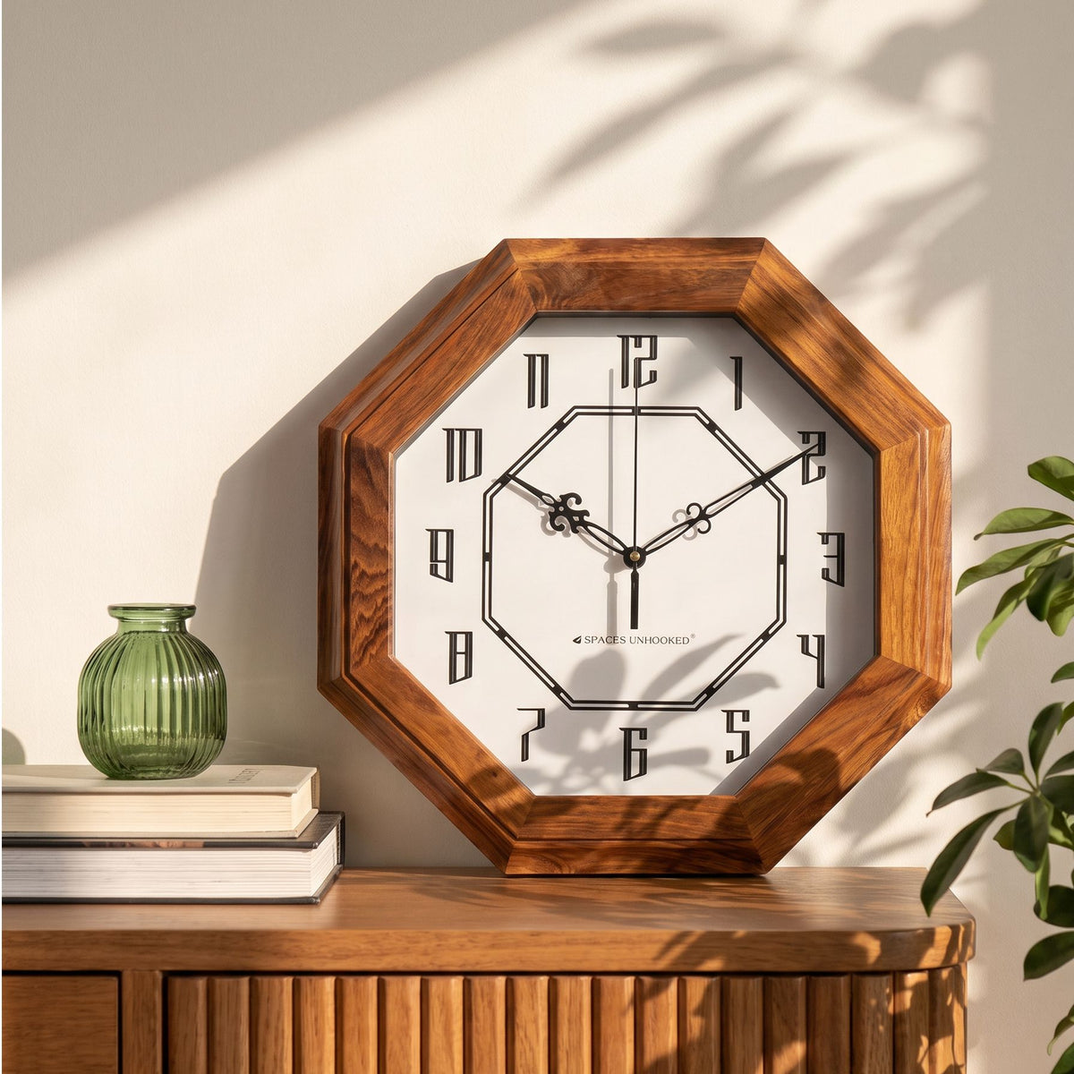 Wooden Wall Clock Brown Octagon Vintage Antique Silent Living Room