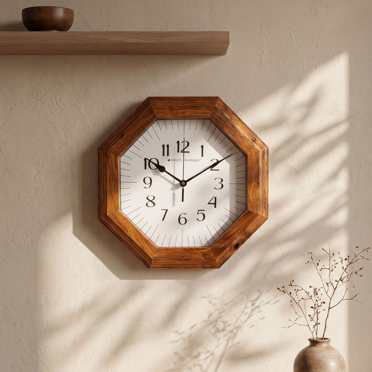 Wooden Wall Clock Brown Octagon Natural Grain Analog Silent Living Room