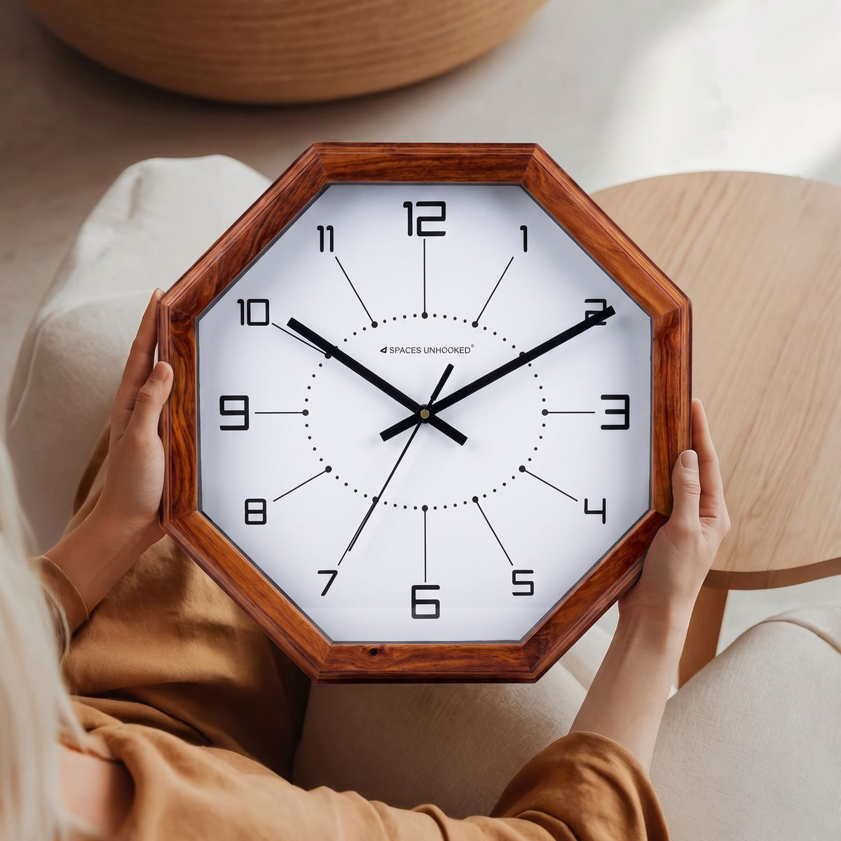 Wooden Wall Clock Brown Octagon Modern Geometric Silent Living Room