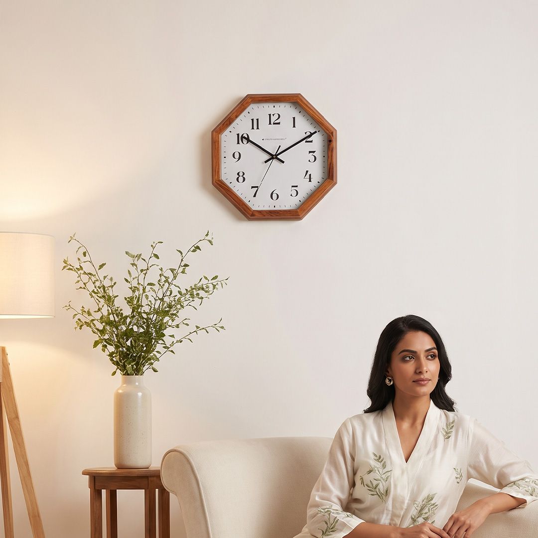 Wooden Wall Clock Octagon Brown Analog Silent for Living Room & Hall