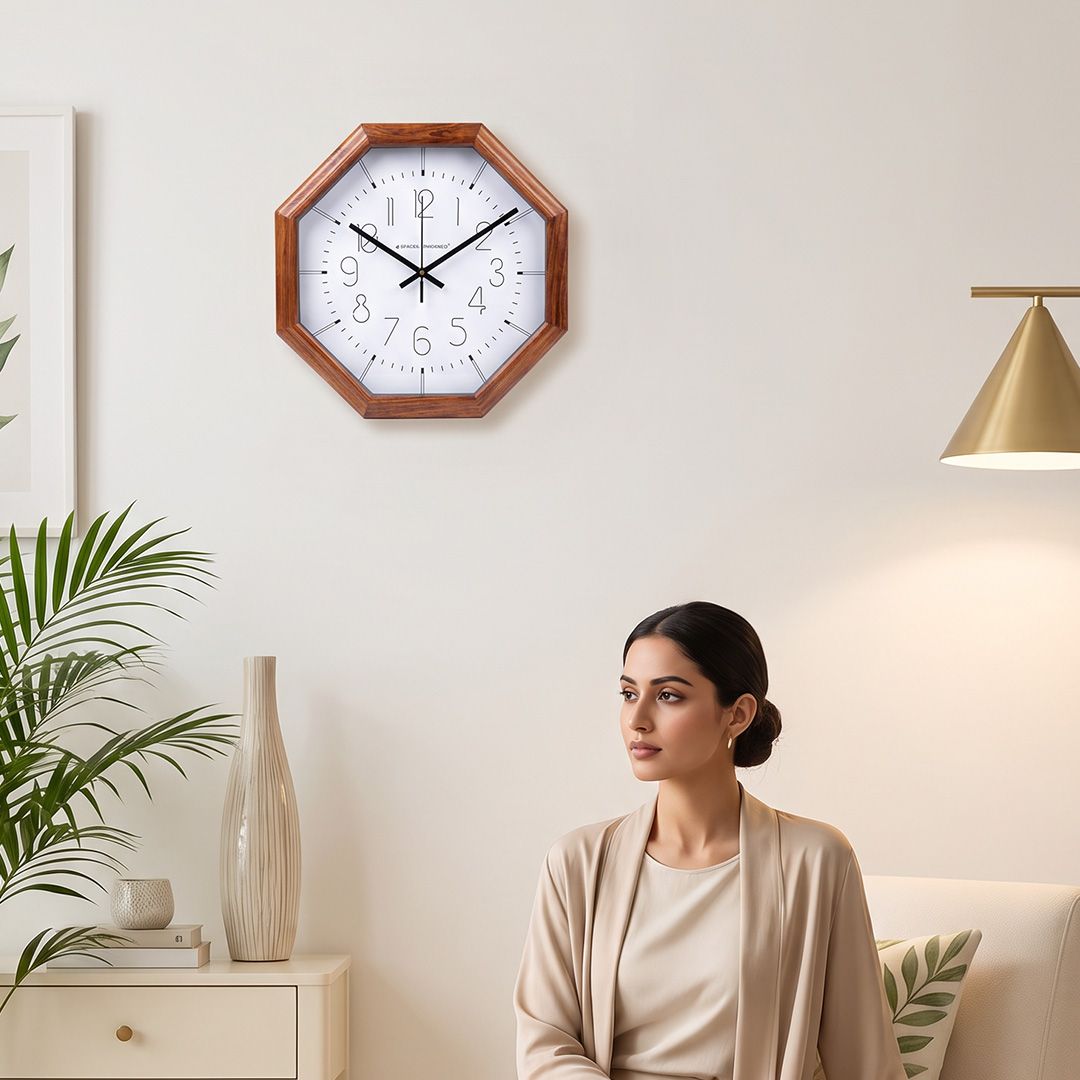 Wooden Wall Clock Brown Octagon Analog Silent for Living Room Hall Bedroom