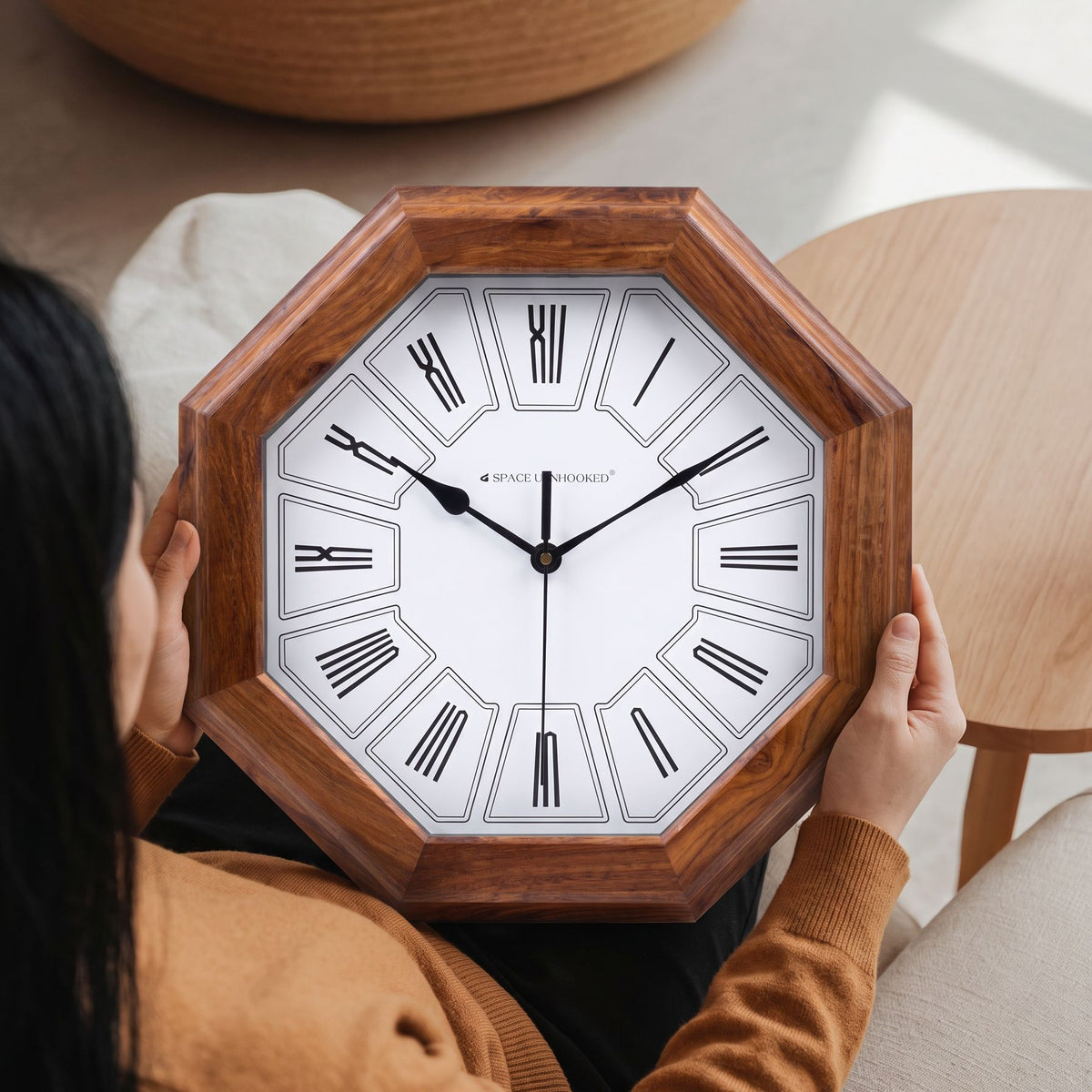 Wooden Wall Clock with Roman Numerals Brown Octagon Silent Vintage