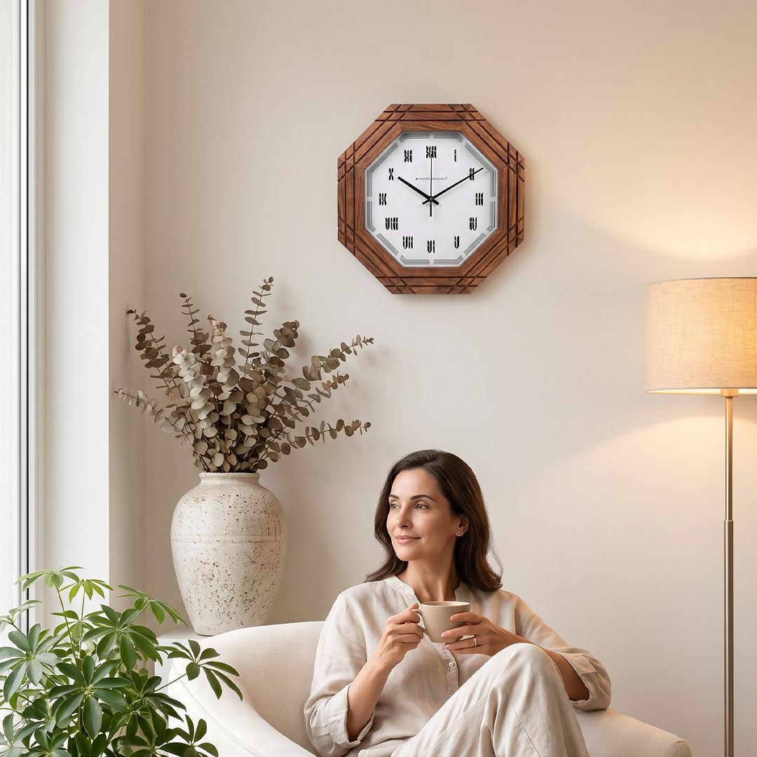Wooden Wall Clock Octagonal Roman Numeral Walnut for Living Room