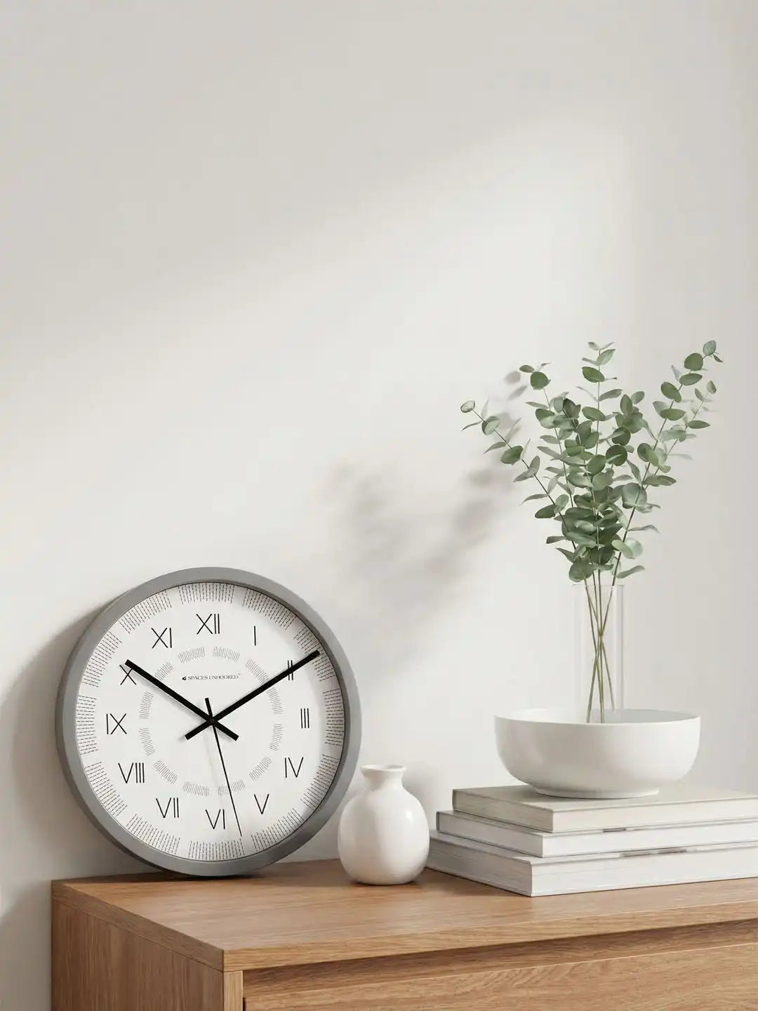 Lifestyle AI View – Premium Silent Wall Clock on Wooden Sideboard with Eucalyptus and White Bowl Decor