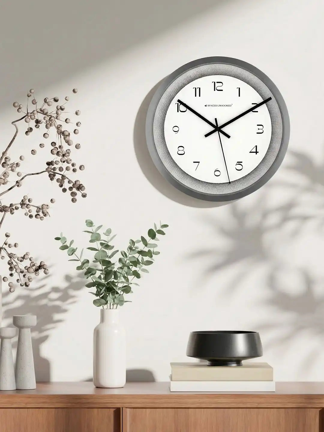 Lifestyle AI View – Premium Silent Wall Clock Mounted on Wall with Dry Flower Decor