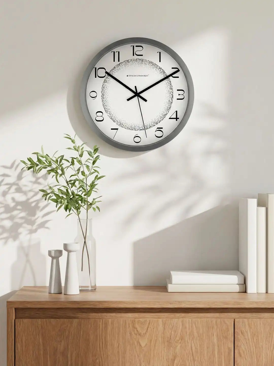 Lifestyle AI View – Premium Silent Wall Clock on Wooden Table with Green Plants