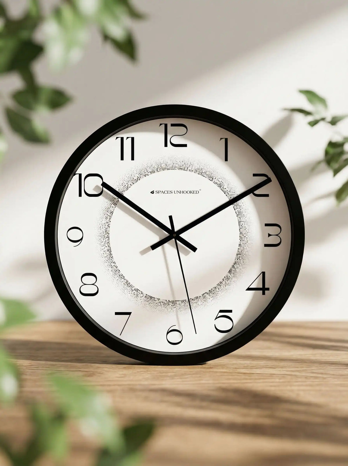 Lifestyle AI View – Premium Silent Wall Clock on Wooden Table with Green Plants
