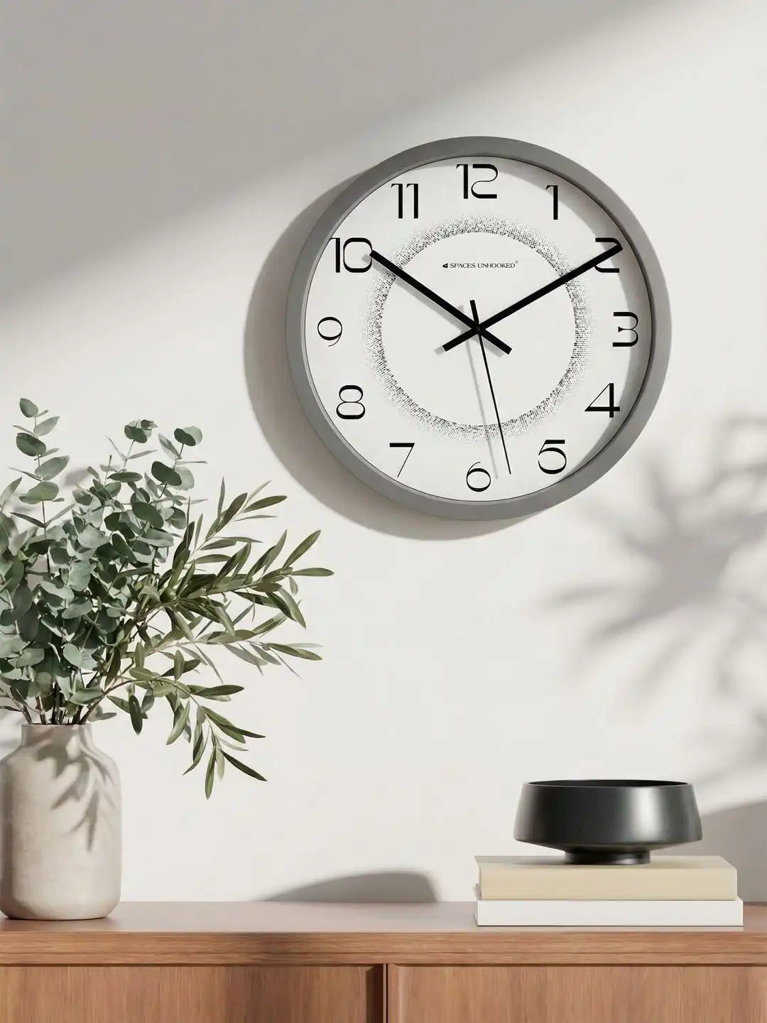 Lifestyle AI View – Premium Silent Wall Clock in Minimalist Living Room with Plants