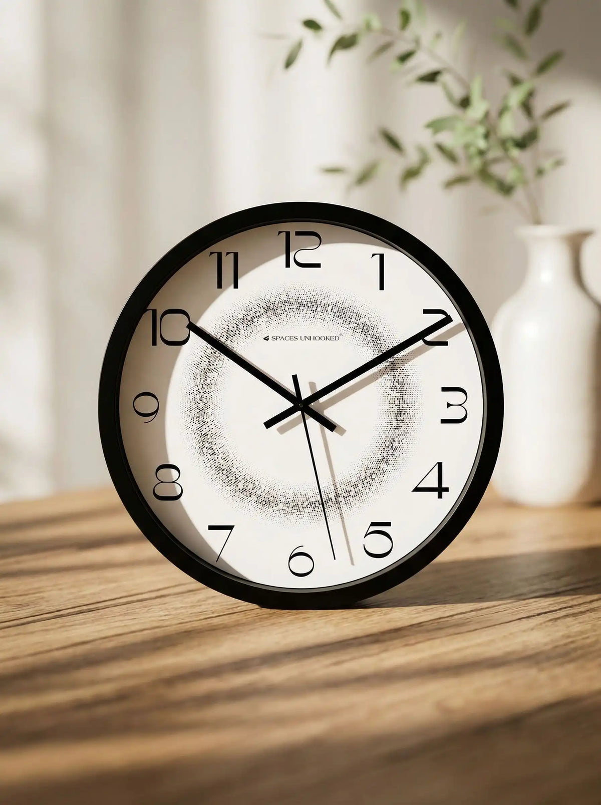 Lifestyle AI View – Premium Silent Wall Clock on Wooden Table with White Vase