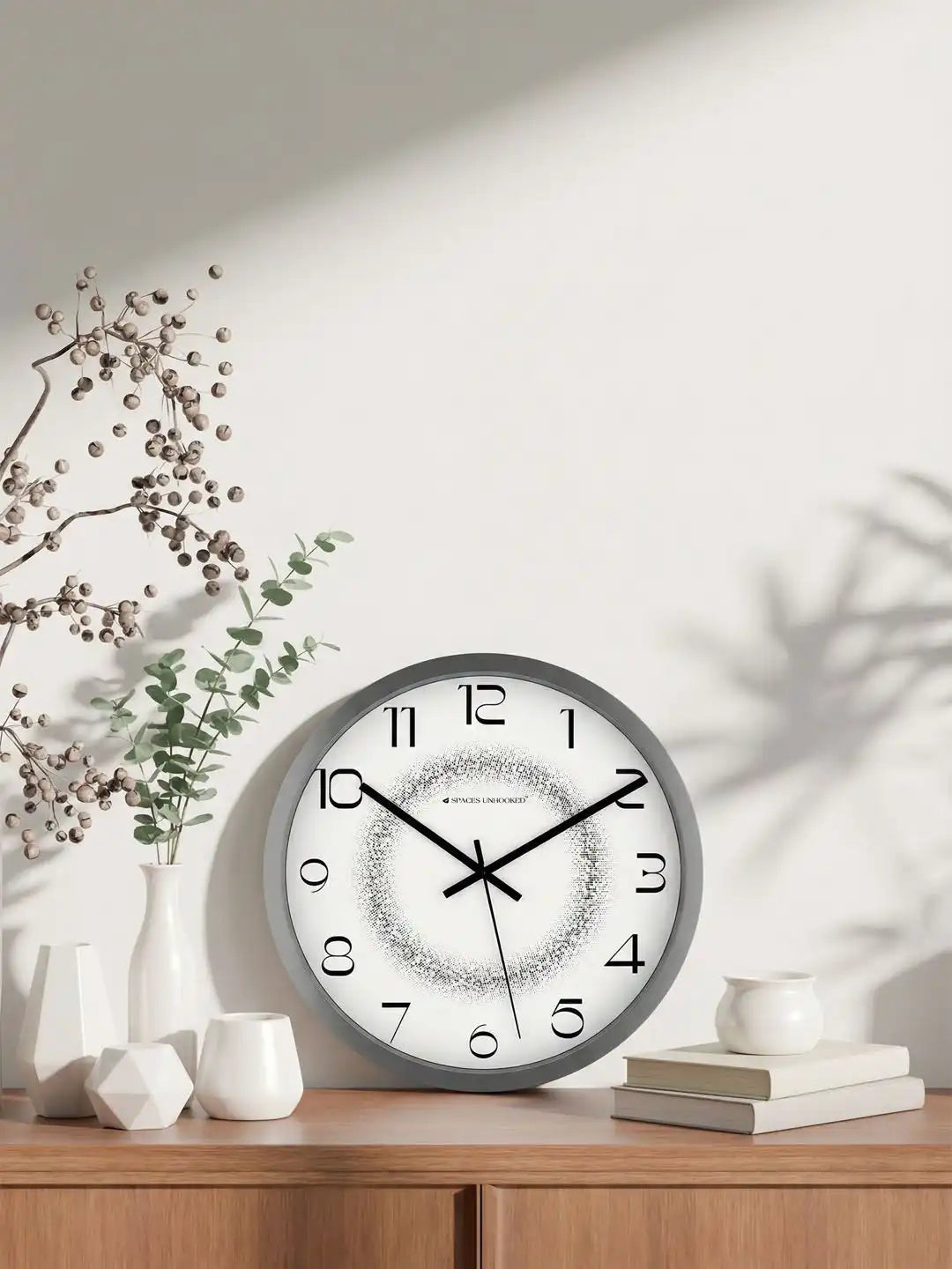 Lifestyle AI View – Premium Silent Wall Clock on Wooden Table with White Vases