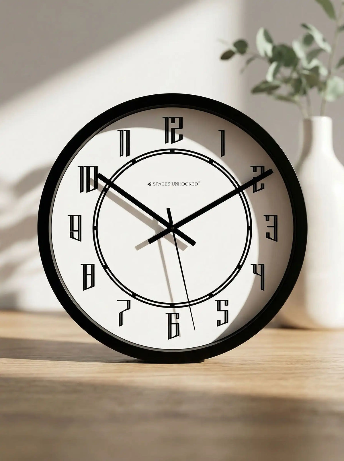 Lifestyle AI View – Premium Silent Wall Clock on Wooden Table with White Vase
