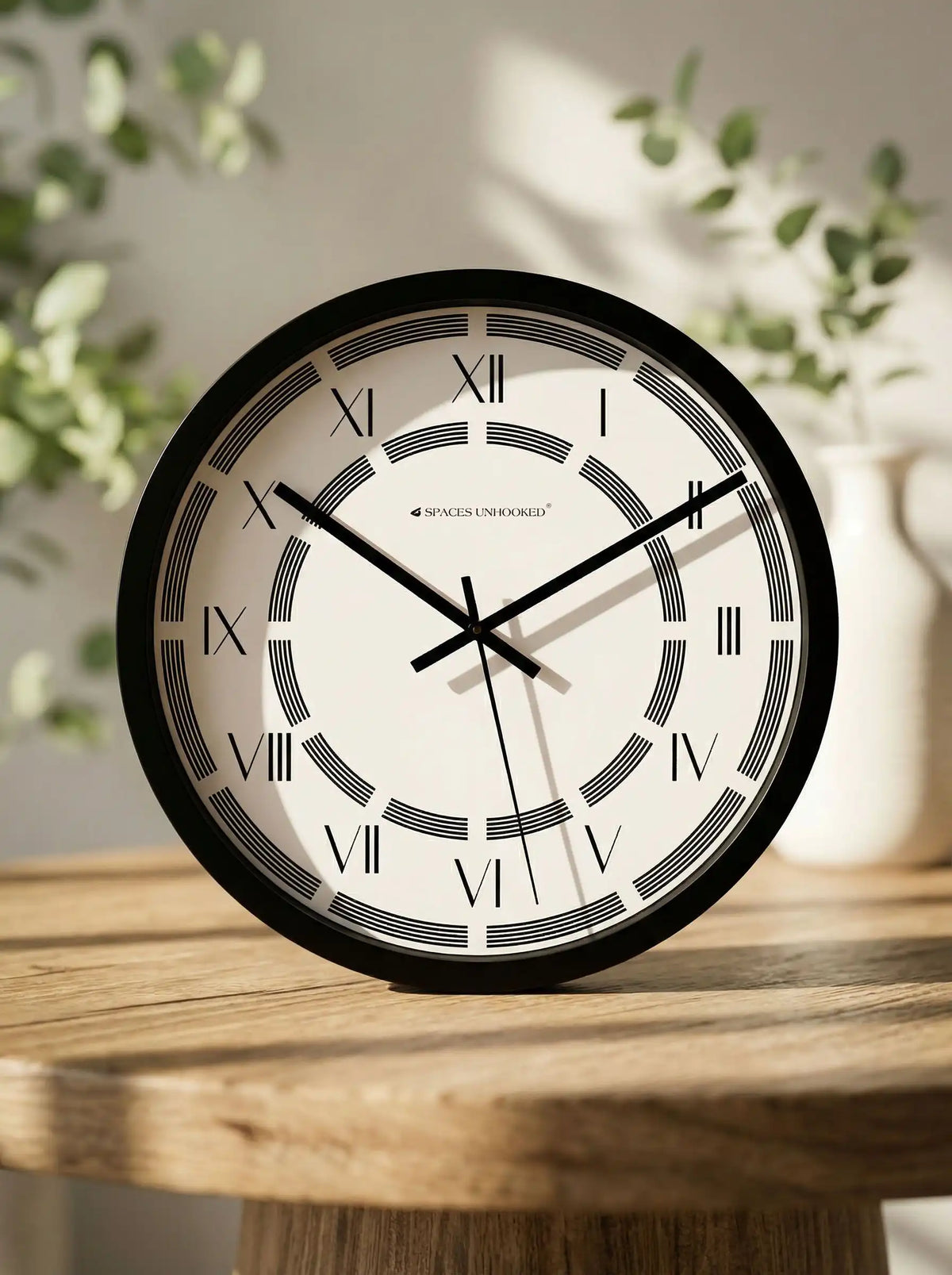 Lifestyle AI View – Premium Silent Wall Clock on Wooden Table with Plants