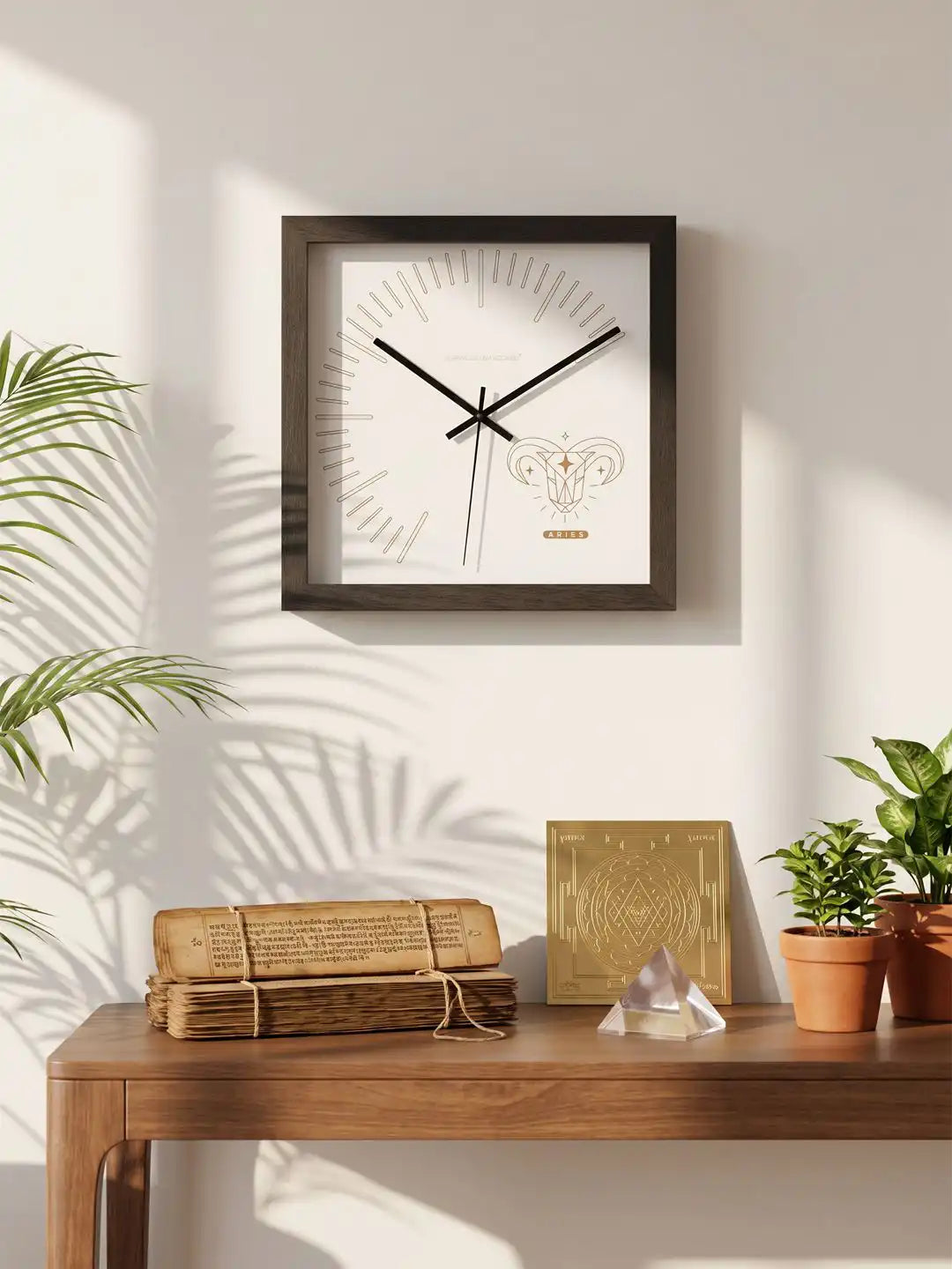 3D Side View of Dark Wood Frame Square Wooden Wall Clock with Gold Aries Zodiac Dial - Large Wooden Wall Clock