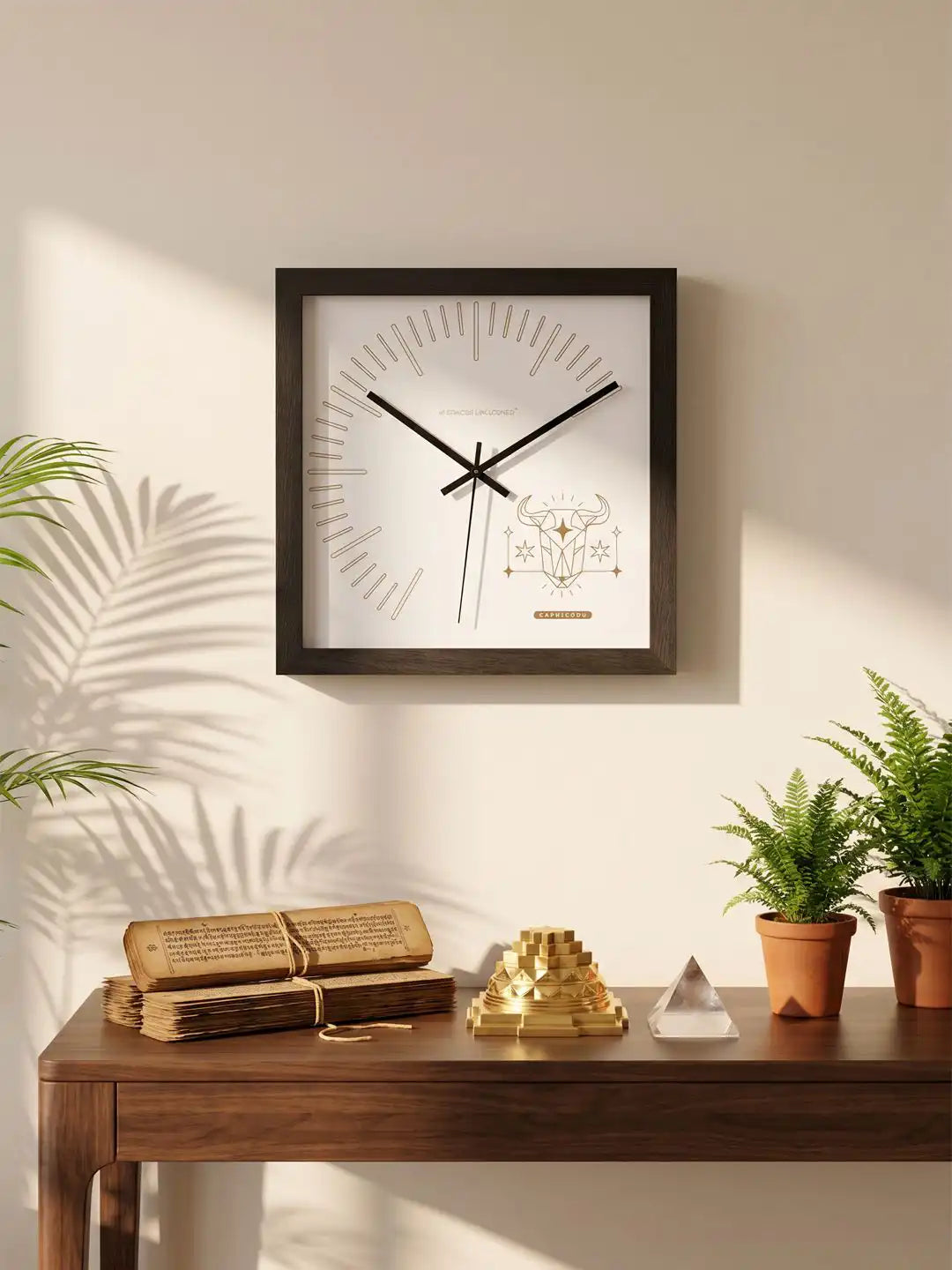 Capricorn Zodiac Dark Wood Wall Clock Styled in Modern Boho Living Room - Large Wooden Clock for Wall Decor