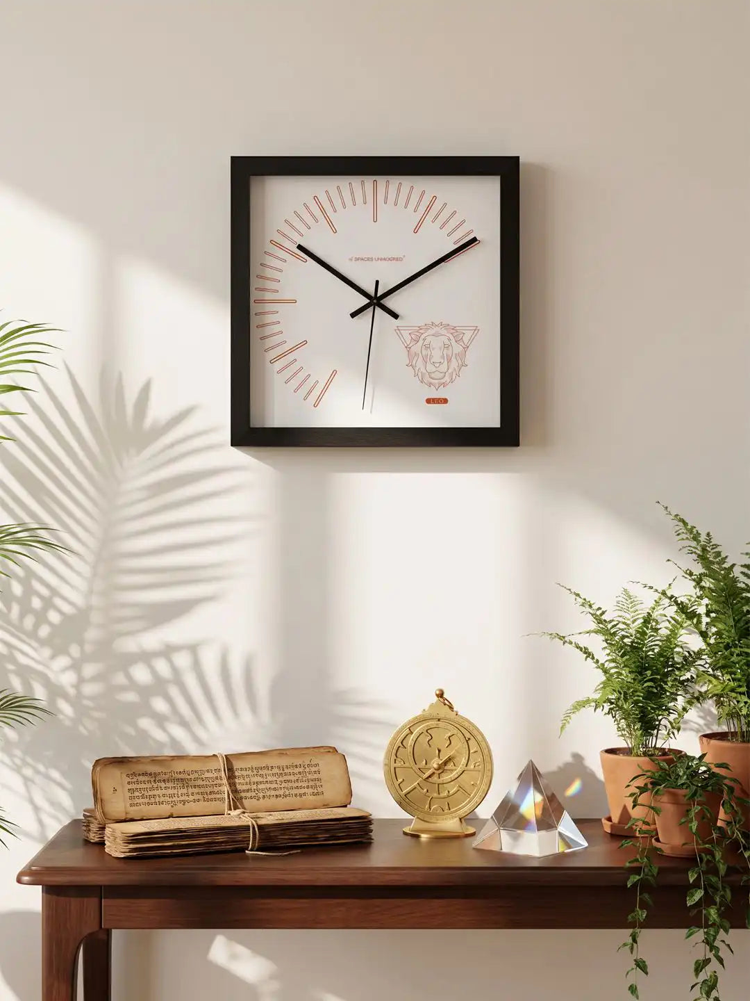 Leo Zodiac Dark Wood Wall Clock Styled in Modern Boho Living Room - Large Wooden Clock for Wall Decor