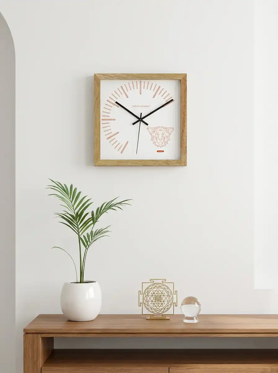 Leo Zodiac Large Wooden Wall Clock – 3D View Natural Oak Frame Copper Print Dial | Spaces Unhooked