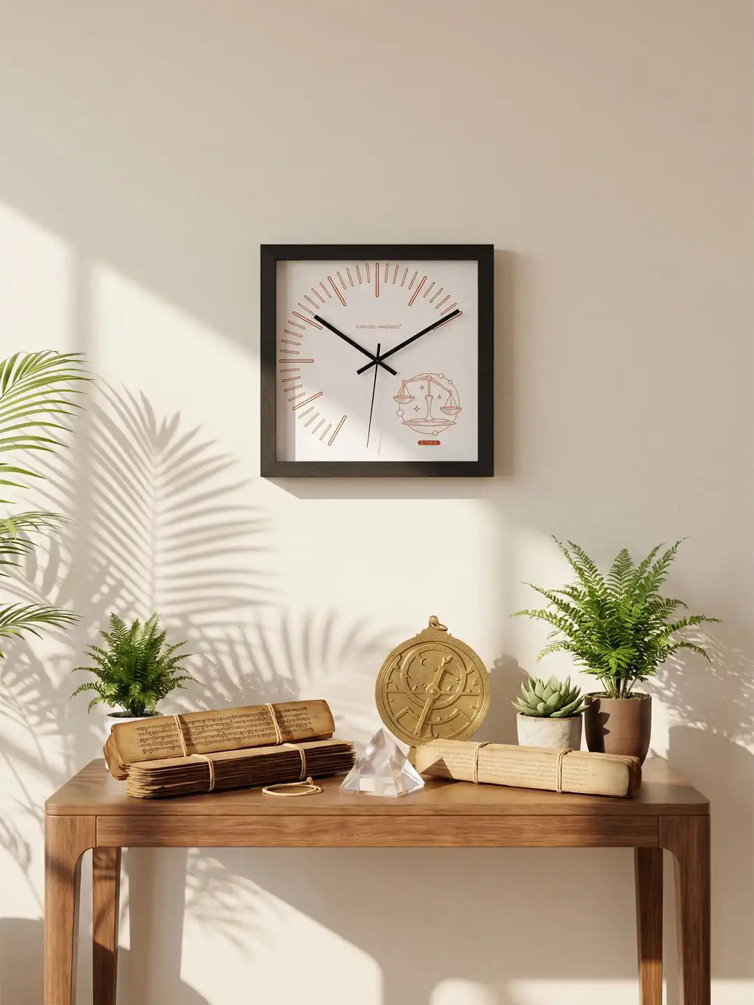 Libra Zodiac Dark Wood Wall Clock Styled in Modern Boho Living Room - Large Wooden Clock for Wall Decor