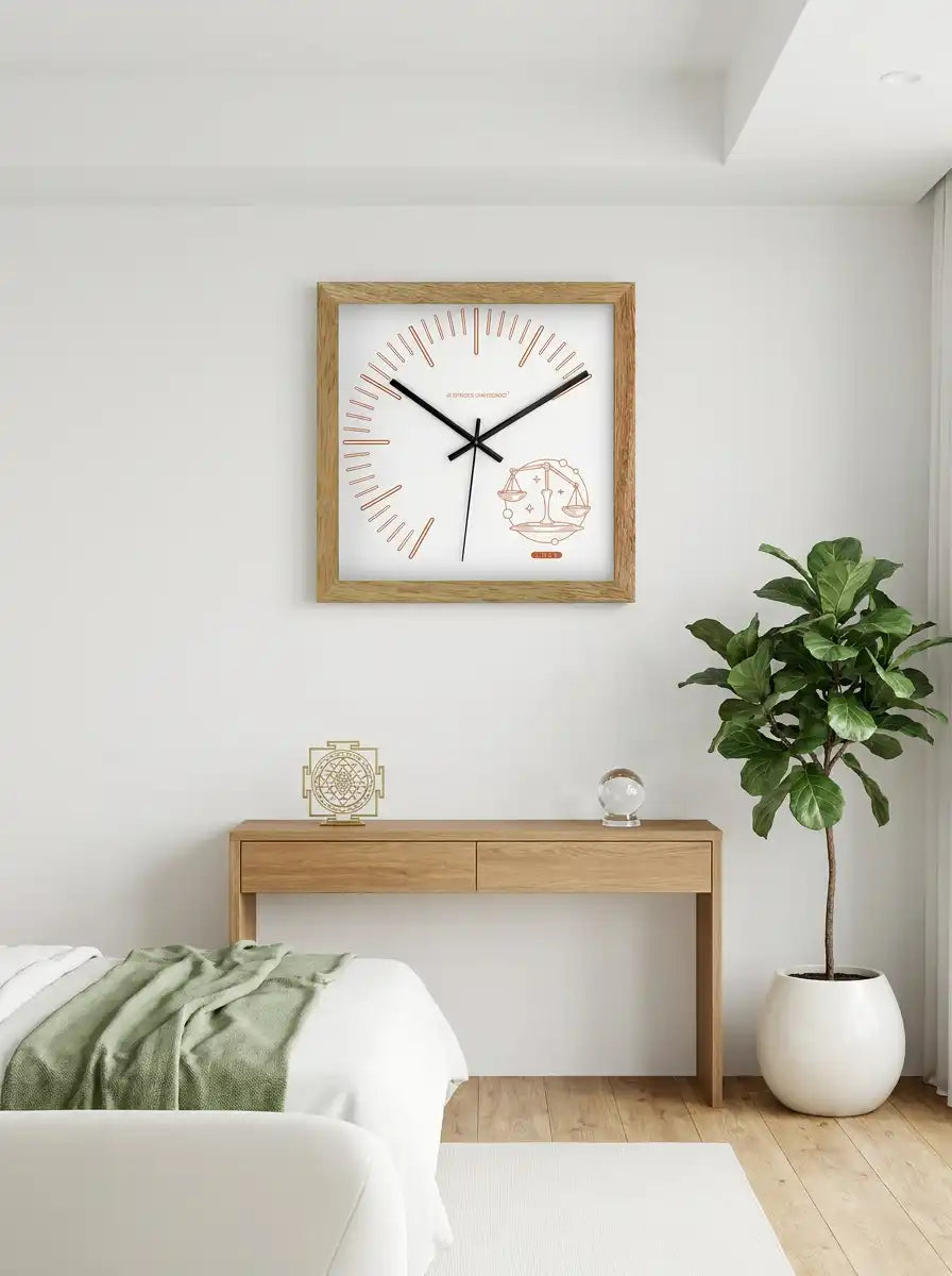 Libra Zodiac Large Wooden Wall Clock – 3D View Natural Oak Frame Copper Print Dial | Spaces Unhooked