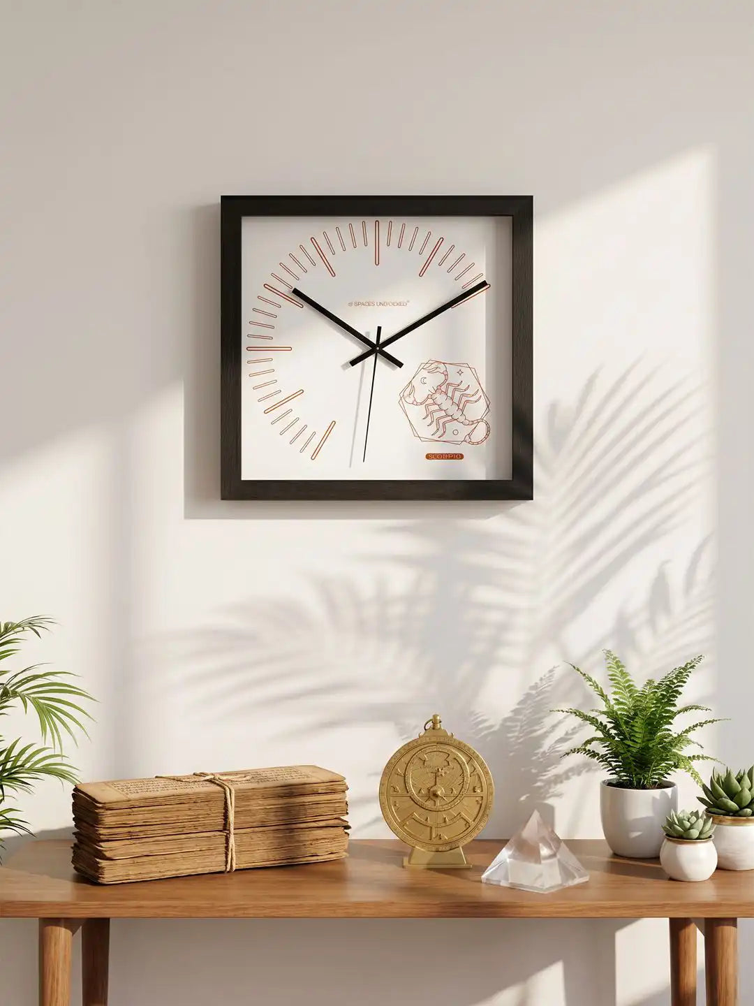 Scorpio Zodiac Dark Wood Wall Clock Styled in Modern Boho Living Room - Large Wooden Clock for Wall Decor