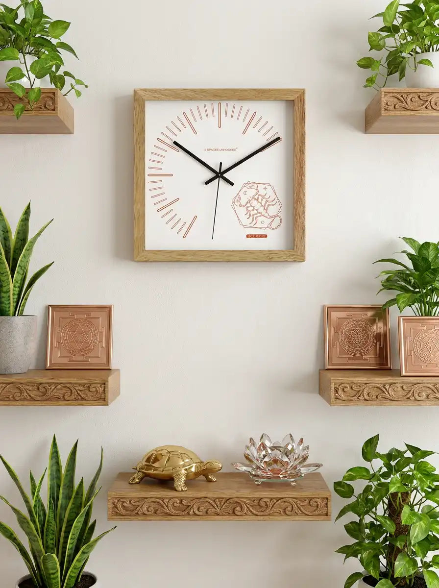 Scorpio Zodiac Large Wooden Wall Clock – 3D View Natural Oak Frame Copper Print Dial | Spaces Unhooked