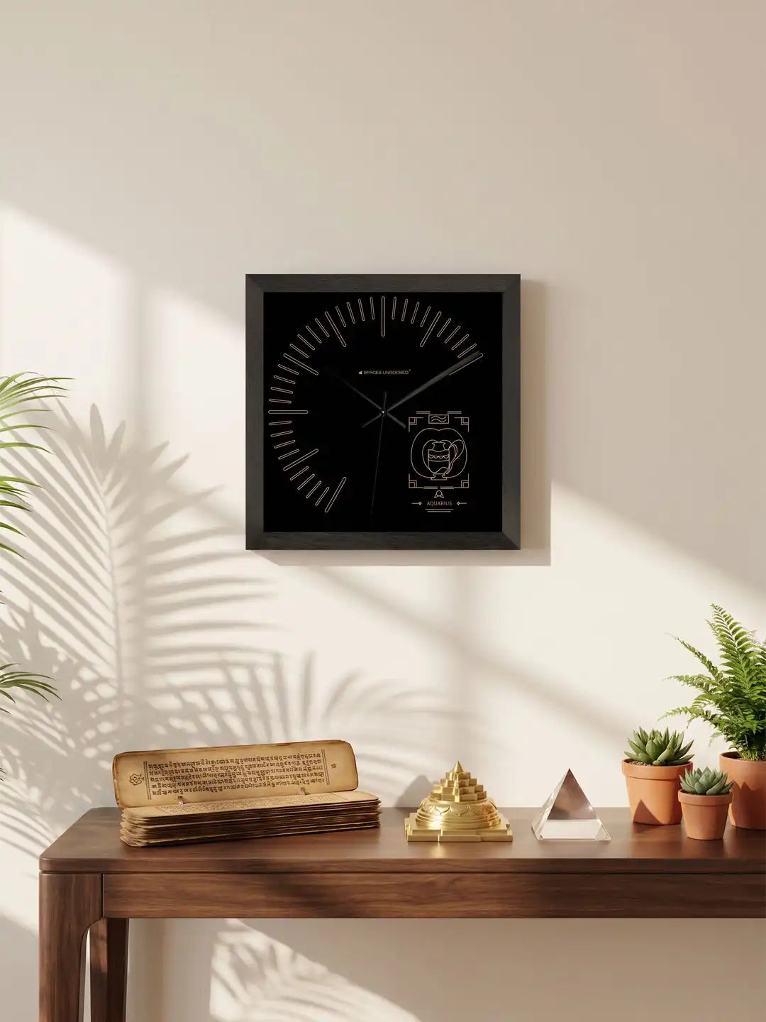 AI lifestyle setting featuring Aquarius wooden wall clock with black frame, modern wood wall clock styling and elegant living room décor