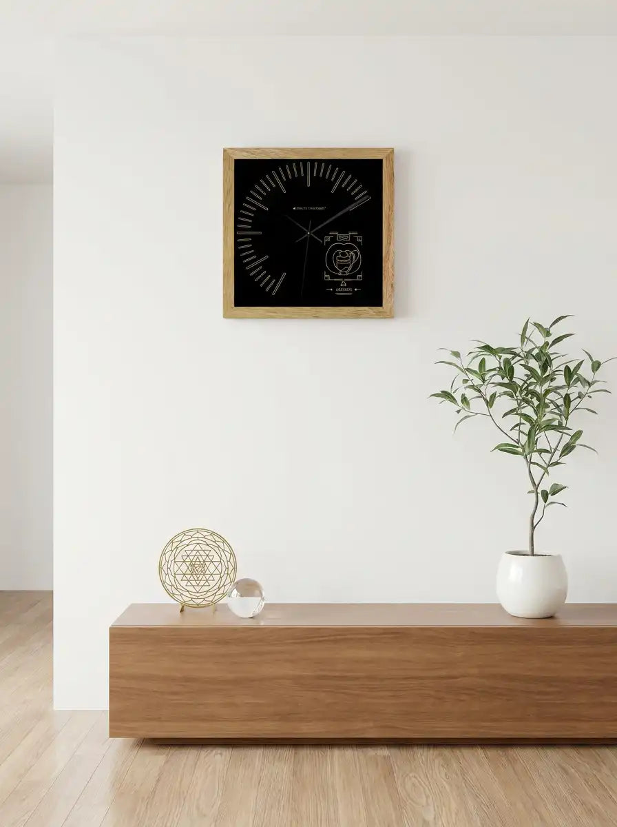 Front View Aquarius Zodiac Sign Wall Clock with Elegant Black Dial and Aquarius Symbol Artwork