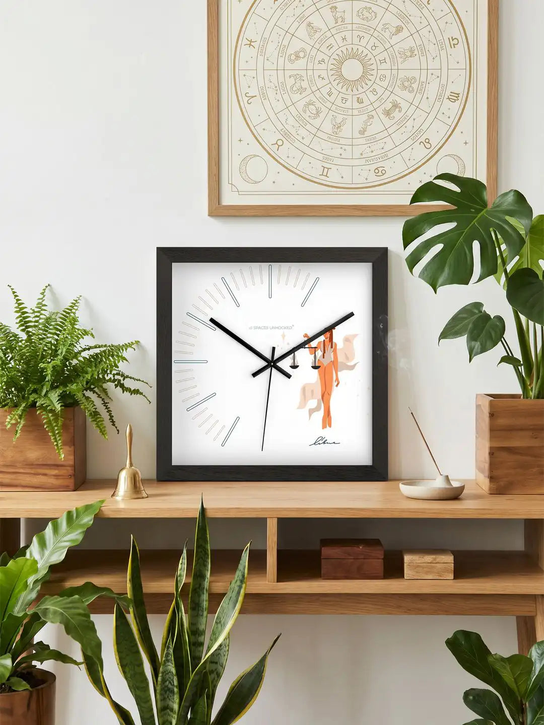 Libra Zodiac Illustrated Wooden Wall Clock Styled in Boho Living Room with Zodiac Wheel Art - Large Wooden Clock for Wall Decor
