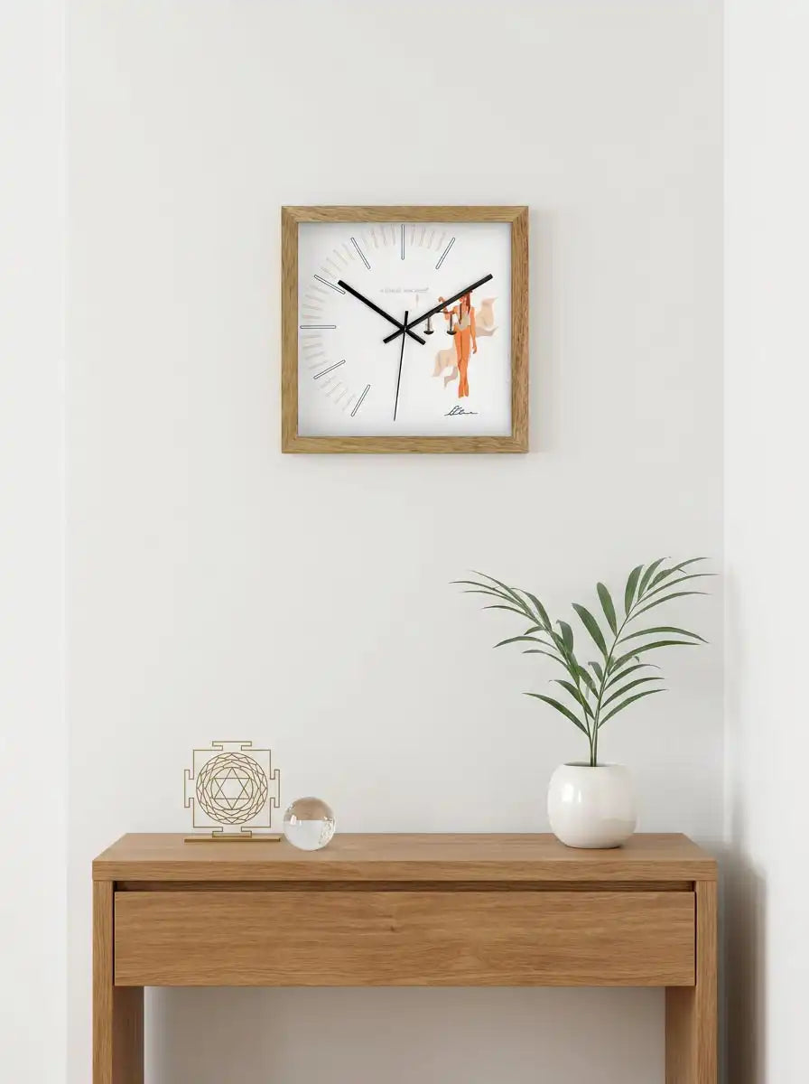 Libra Zodiac Large Wooden Wall Clock – 3D View Natural Oak Frame Figure Illustration Dial | Spaces Unhooked