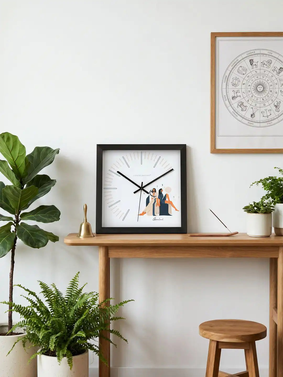 Gemini decorative wall clock featuring hardwood core construction, polished metal hands, noiseless quartz movement, and contemporary dial layout specifications.