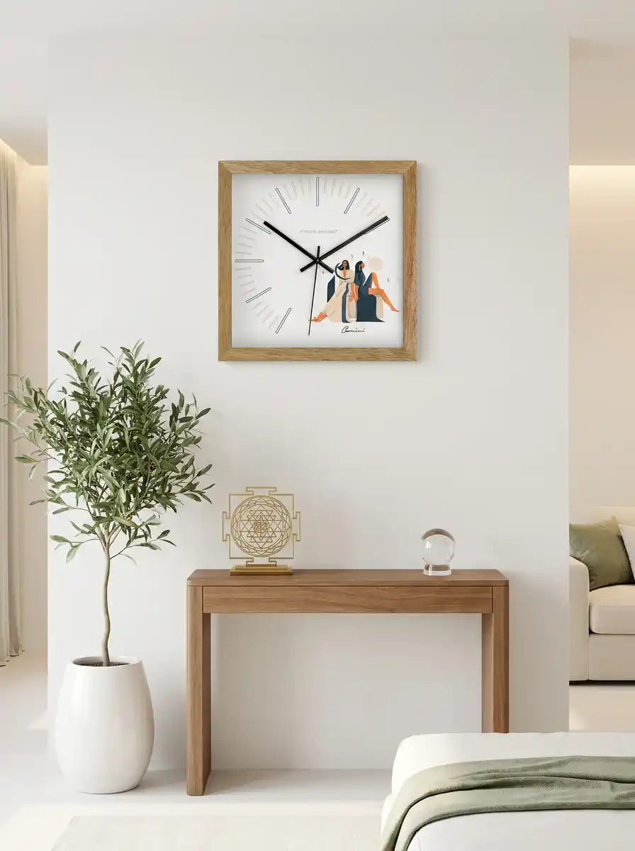 Front View Gemini Zodiac Sign Wall Clock with Artistic Gemini Twin Illustration and Modern White Face